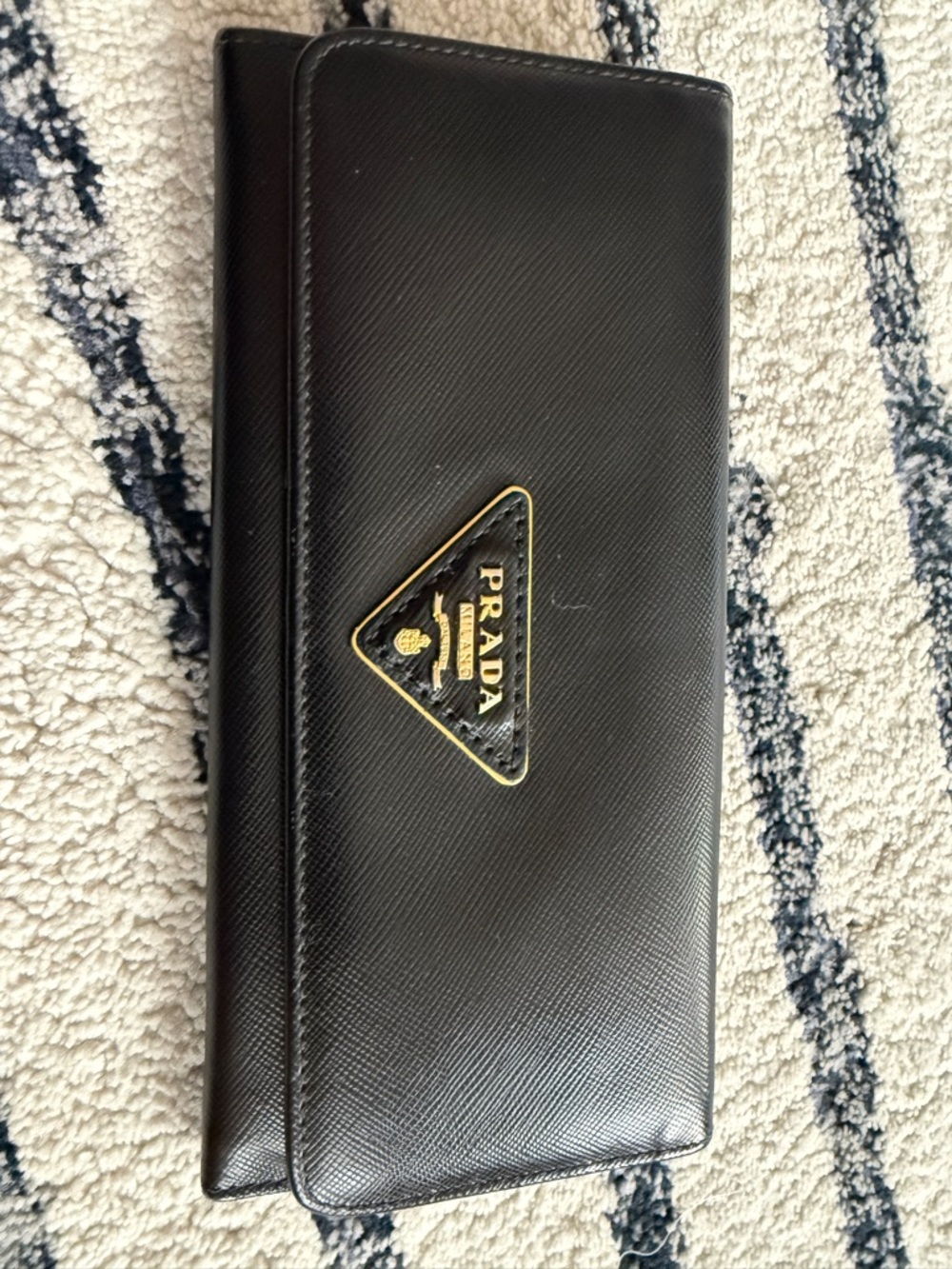 Prada Black Saffiano Leather Clutch with Gold Triangle Logo